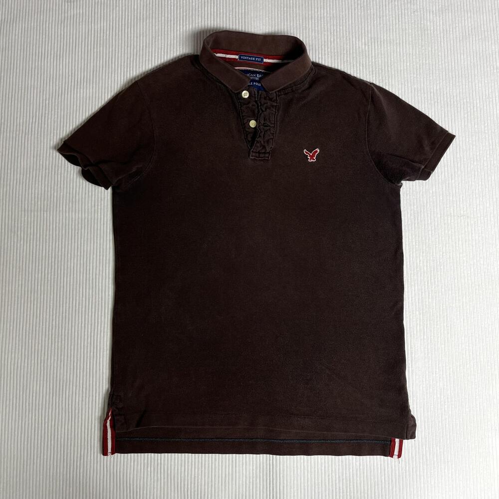 Y2k American Eagle Outfitters Polo Shirt M Brown Eagle 00s Polo Logo Vintage Fit